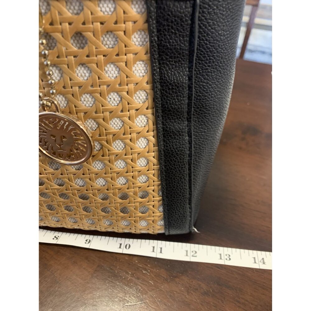Anne Klein Black & Tan Leather Woven Straw Handbag with Gold Accents - Picture 7 of 8